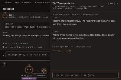 An open worker transcript mid-run beside the workbench, with the worker's messages and a message box to send it a correction directly.