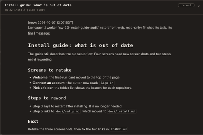 A worker's report open as a formatted page, with headings, bullets and inline code rather than a wall of plain text.