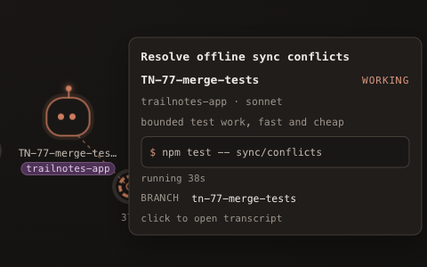 A hovered worker on the canvas showing its task title, the model it's running and why, the command in progress, elapsed time and its branch name, with no click required.