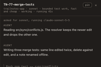 A worker's panel header naming the model it's running on and the reason, next to its live status and elapsed time, above the start of its transcript.