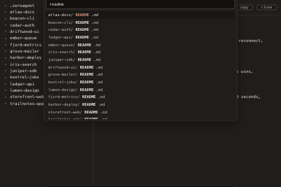 The Cmd+K fuzzy finder open with 'readme' typed, listing the README file of every repository in the projects folder with the matched characters in bold.