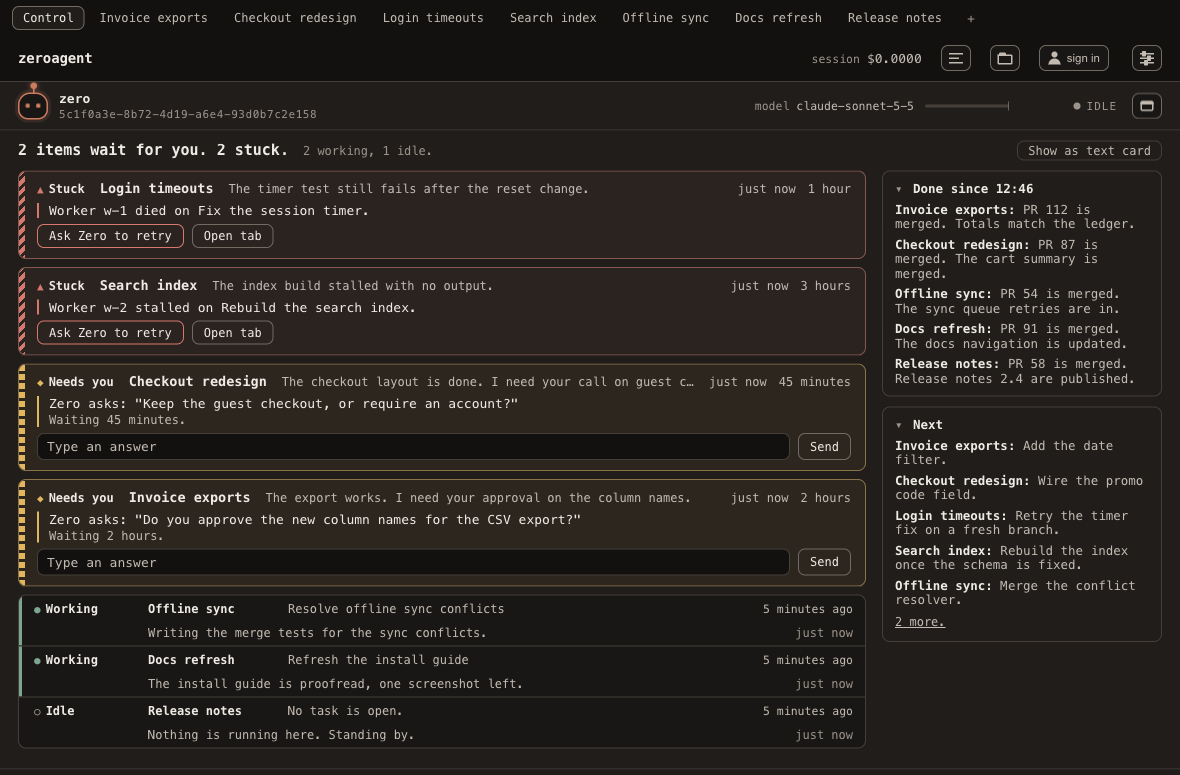 The Control tab with its triage overview: two stuck workbenches, two that need an answer with a reply box, and a working and an idle workbench below, beside a Done and a Next list for the whole workspace.