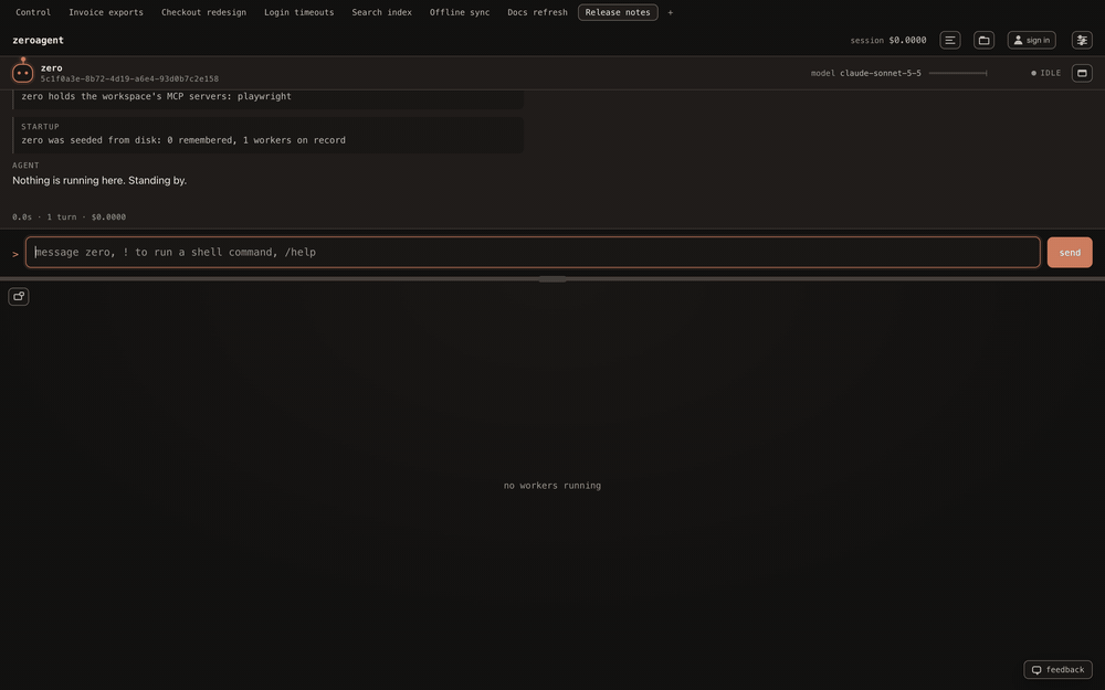 A message typed to Zero Agent in the Release notes workbench, and three worker creatures appearing on the canvas one after another, each labelled with its task and repository; hovering one shows its task, model and the command it is running.