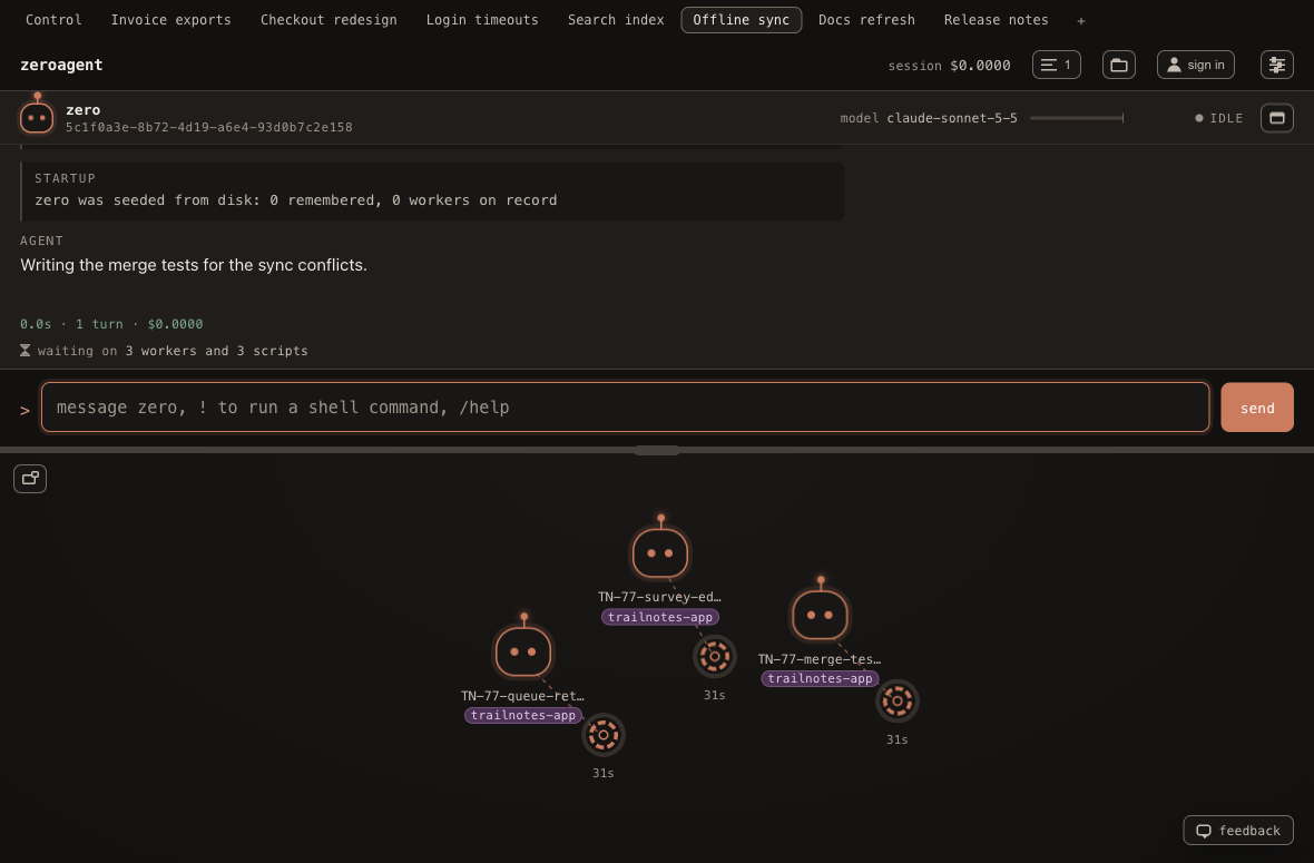 The ZeroAgent window with seven workbenches on the tab strip and the Offline sync tab active: its own Zero Agent conversation above, and below it three worker creatures labelled with their tasks and repository, each with a running script and elapsed time.